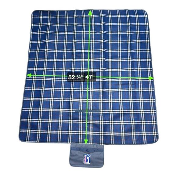 PGA Tour Plaid Picnic Blanket With Carry Handle Waterproof Backing Blue Stadium - Picture 5 of 7